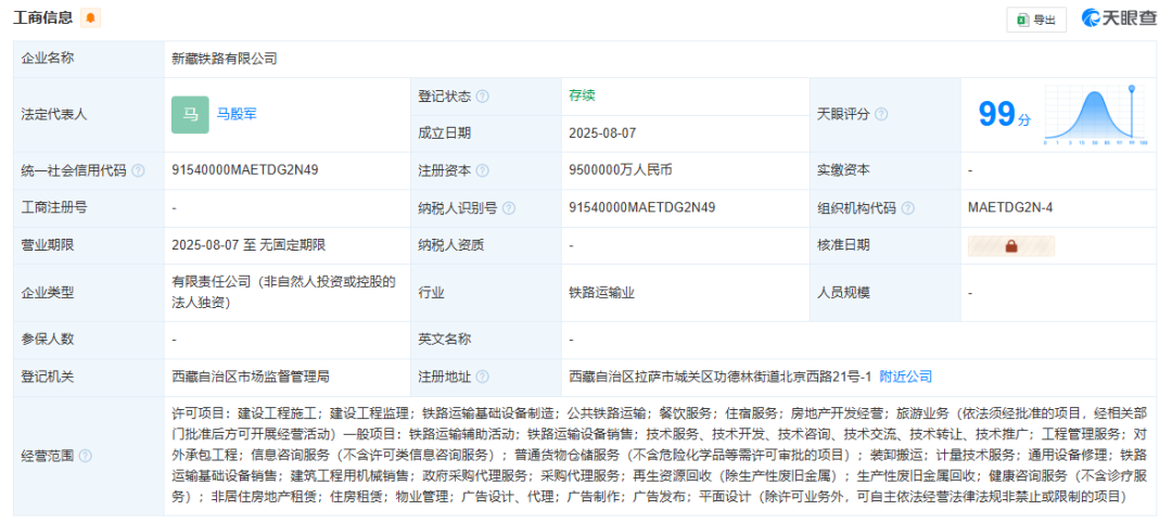新藏鐵路公司成立，注冊資本950億元
